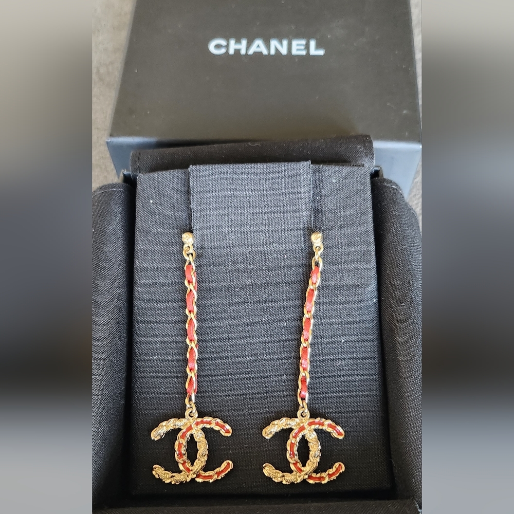 Chanel CC Leather Chain Drop Earrings